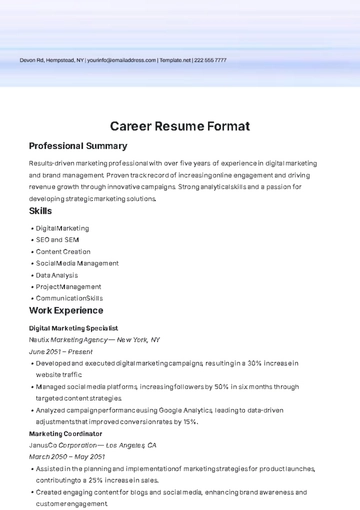 Free Career Resume Format Template to Edit Online