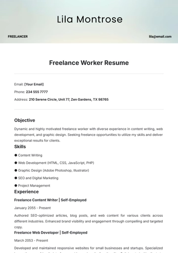 Free Freelance Worker Resume Template to Edit Online