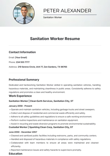 Free Sanitation Worker Resume Template to Edit Online