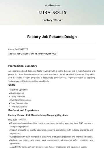 Free Factory Job Resume Design Template to Edit Online