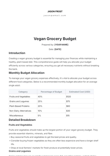 Free Vegan Grocery Budget Template to Edit Online