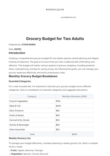 Free Grocery Budget for Two Adults Template to Edit Online