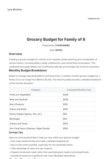Free Grocery Budget for Family of 6 Template to Edit Online