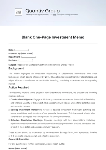 Free Blank One-Page Investment Memo Template to Edit Online