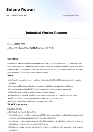 Free Industrial Worker Resume Template to Edit Online