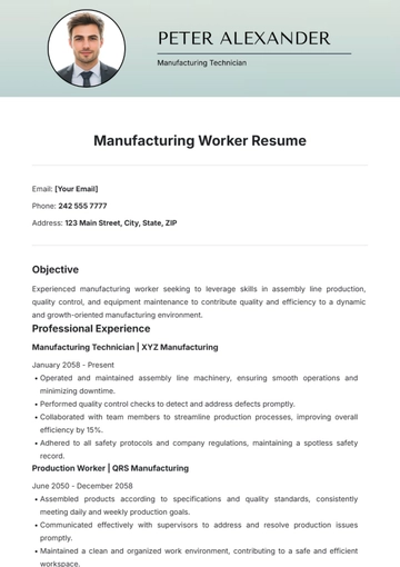 Free Manufacturing Worker Resume Template to Edit Online