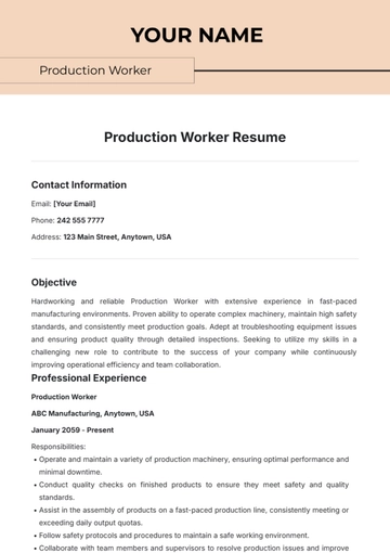 Free Production Worker Resume Template to Edit Online