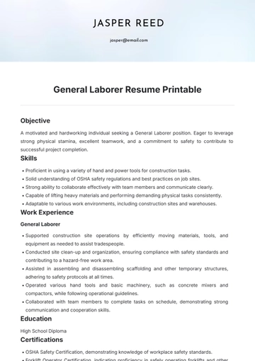 Free General Laborer Resume Printable Template to Edit Online