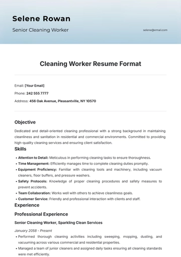 Free Cleaning Worker Resume Format Template to Edit Online