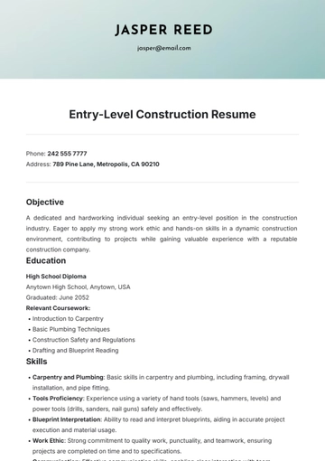 Free Entry-Level Construction Resume Template to Edit Online