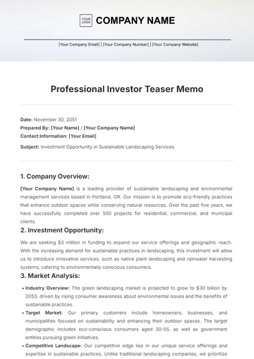 Free Professional Investor Teaser Memo Template to Edit Online