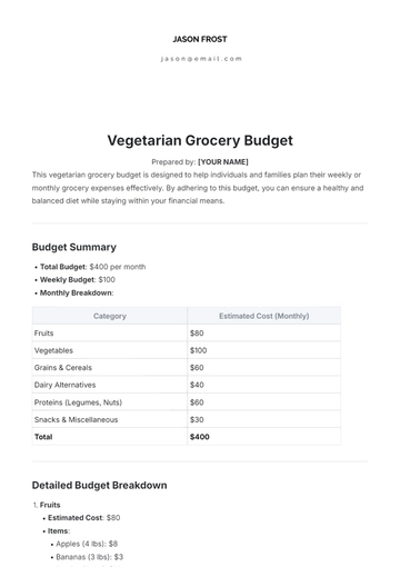 Free Vegetarian Grocery Budget Template to Edit Online