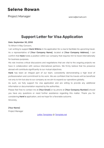 Free Support Letter for Visa Application Template to Edit Online