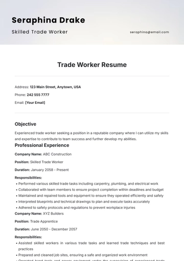 Free Trade Worker Resume Template to Edit Online