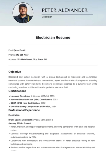 Free Electrician Resume Template to Edit Online