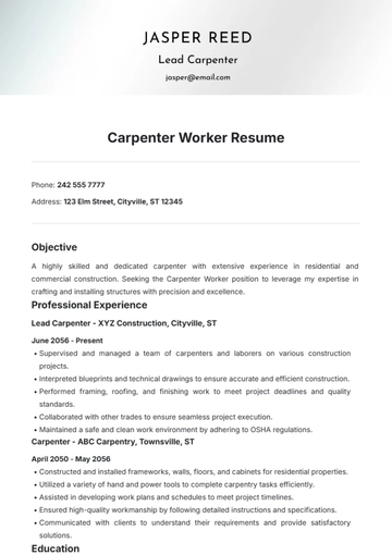 Free Carpenter Worker Resume Template to Edit Online