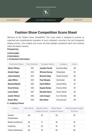 Free Fashion Show Competition Score Sheet Template to Edit Online