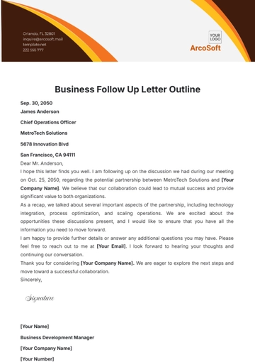 Free Business Follow Up Letter Outline Template to Edit Online