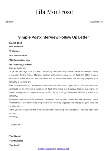 Free Simple Post-Interview Follow Up Letter Template to Edit Online