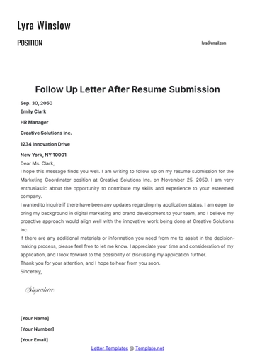 Free Follow Up Letter After Resume Submission Template to Edit Online
