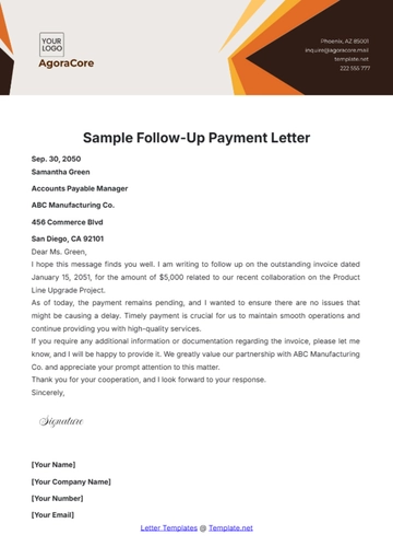 Free Sample Follow Up Payment Letter Template to Edit Online