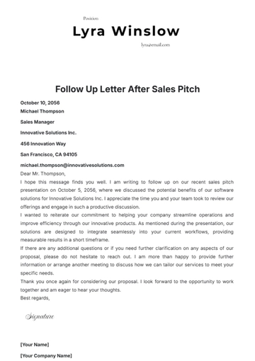 Free Follow Up Letter After Sales Pitch Template to Edit Online