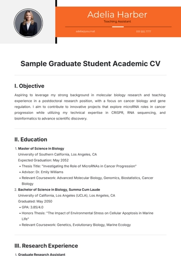 Free Sample Graduate Student Academic CV Template to Edit Online