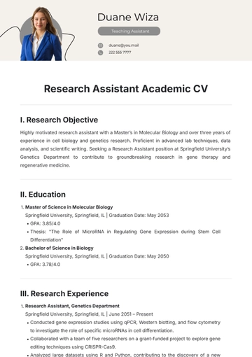 Free Research Assistant Academic CV Template to Edit Online
