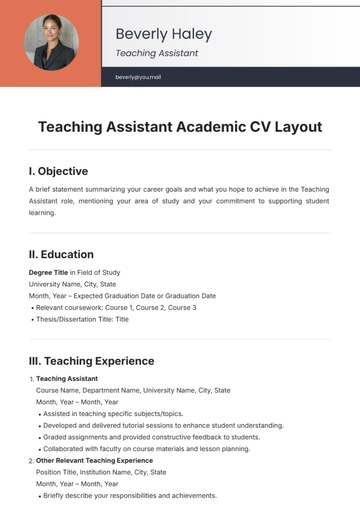Free Teaching Assistant Academic CV Layout Template to Edit Online