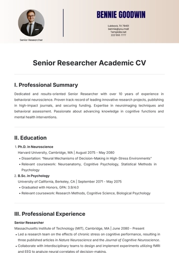 Free Senior Researcher Academic CV Template to Edit Online