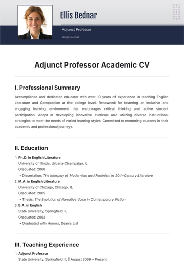 Free Adjunct Professor Academic CV Template to Edit Online