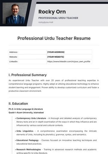 Free Professional Urdu Teacher Resume Template to Edit Online