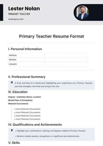 Free Primary Teacher Resume Format Template to Edit Online