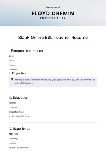 Free Blank Online ESL Teacher Resume Template to Edit Online