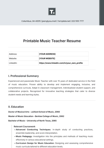 Free Printable Music Teacher Resume Template to Edit Online