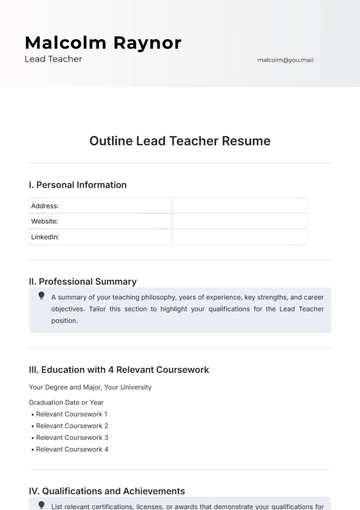 Free Outline Lead Teacher Resume Template to Edit Online