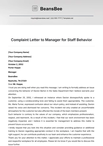 Free Complaint Letter to Manager for Staff Behavior Template to Edit Online
