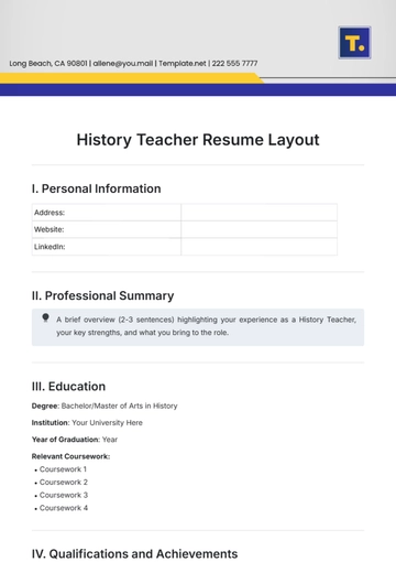 Free History Teacher Resume Layout Template to Edit Online