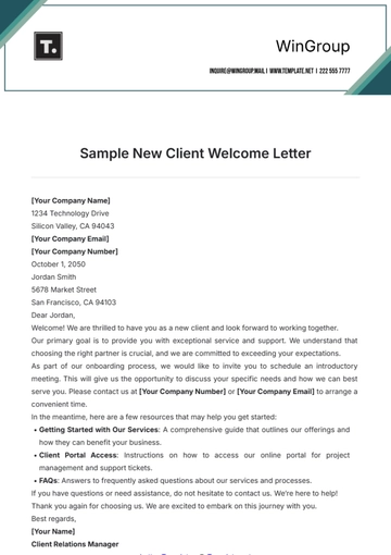 Free Sample New Client Welcome Letter Template to Edit Online