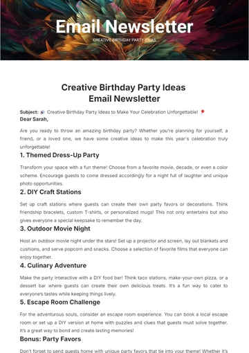 Free Creative Birthday Party Ideas Email Newsletter Template to Edit Online