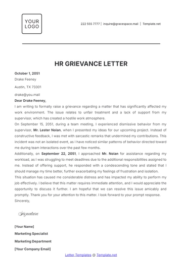 Free HR Grievance Letter Template to Edit Online