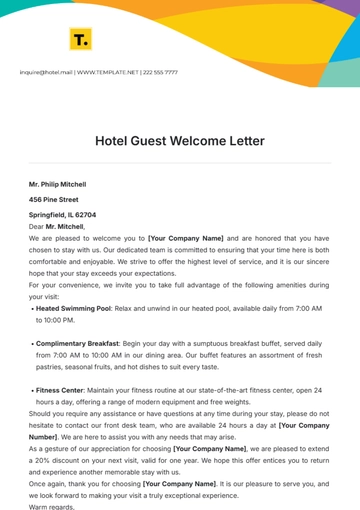 Free Hotel Guest Welcome Letter Template to Edit Online