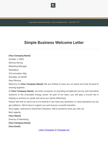 Free Simple Business Welcome Letter Template to Edit Online