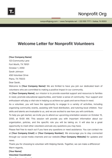 Free Welcome Letter for Nonprofit Volunteers Template to Edit Online