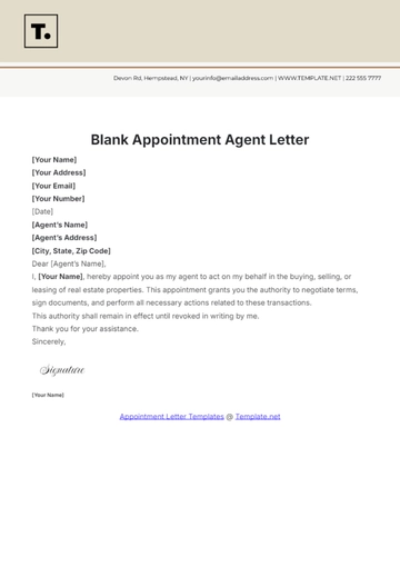 Free Blank Appointment Agent Letter Template to Edit Online