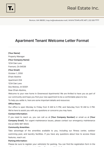 Free Apartment Tenant Welcome Letter Format Template to Edit Online