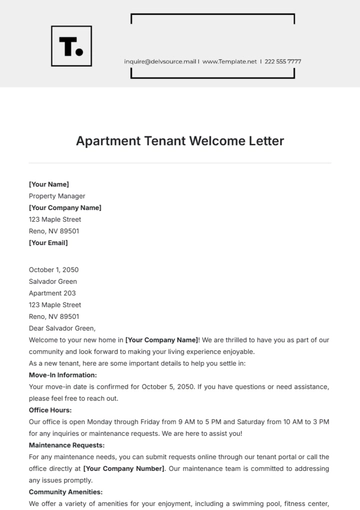 Free Apartment Tenant Welcome Letter Template to Edit Online