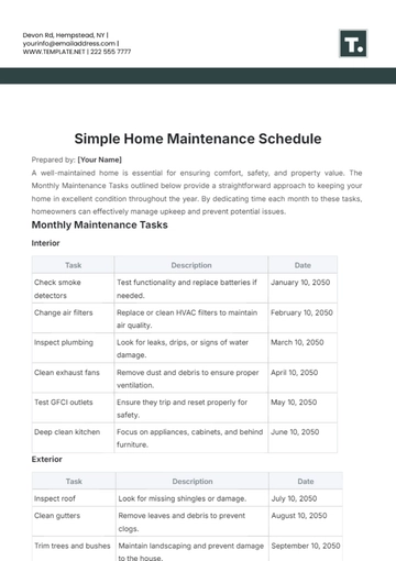 Free Simple Home Maintenance Schedule Template to Edit Online