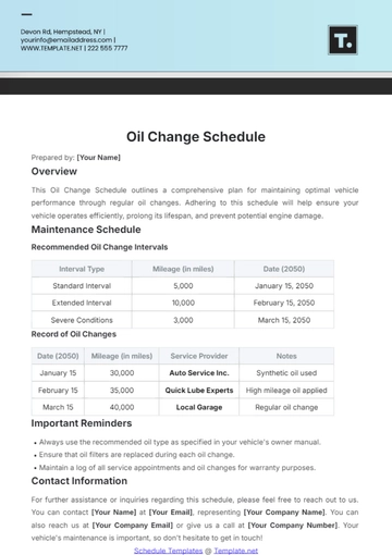 Free Oil Change Schedule Template to Edit Online