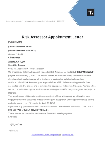 Free Risk Assessor Appointment Letter Template to Edit Online